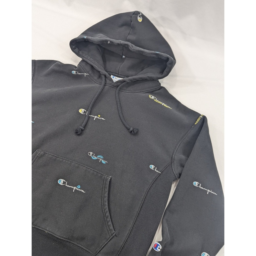Vintage Champion Reverse Weave Hoodie Women's Large All Over Heart Print Black